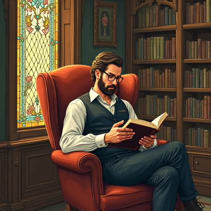 AI-generated photo: Art Nouveau illustration. Illustrate a cozy library scene, with a man seated in a plush armchair, en...