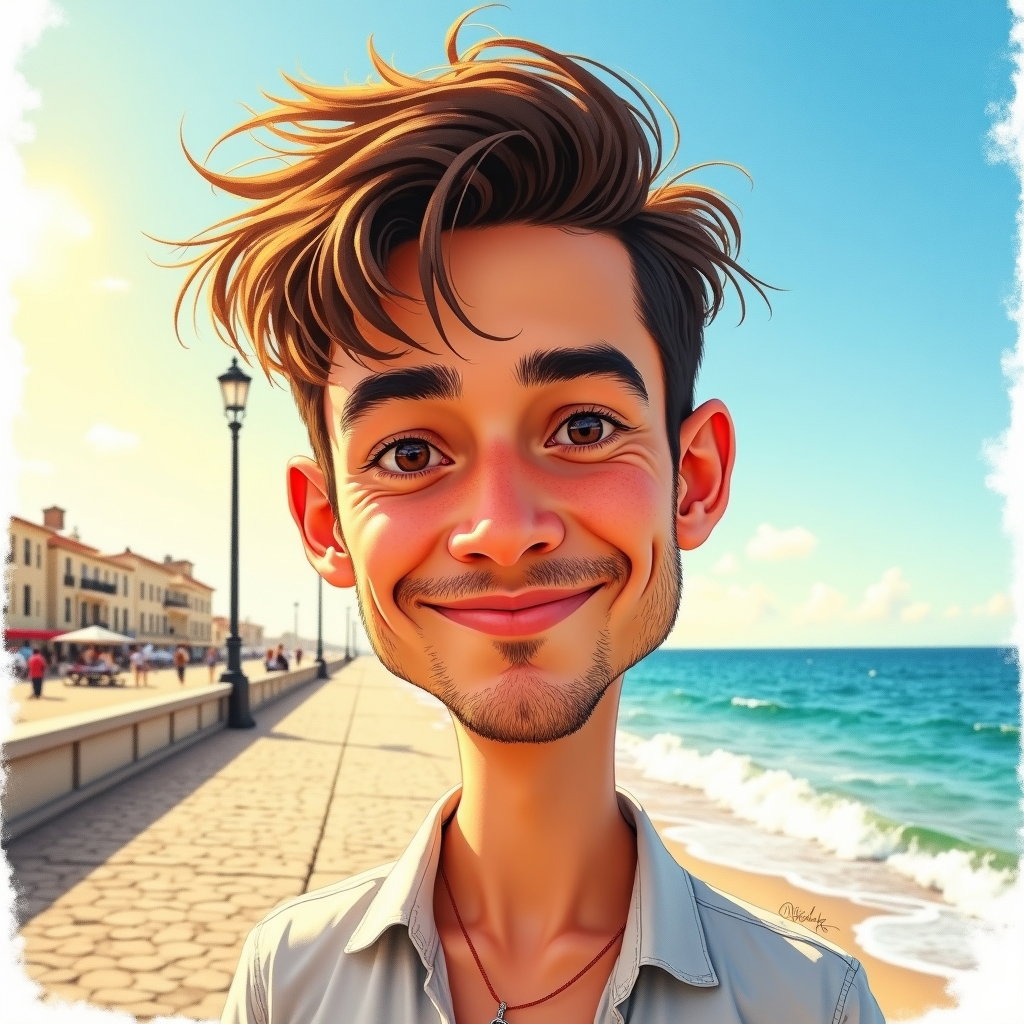 AI-generated photo: Watercolor caricature painting on cold-press paper at a sunlit boardwalk with the sea softly blurred...