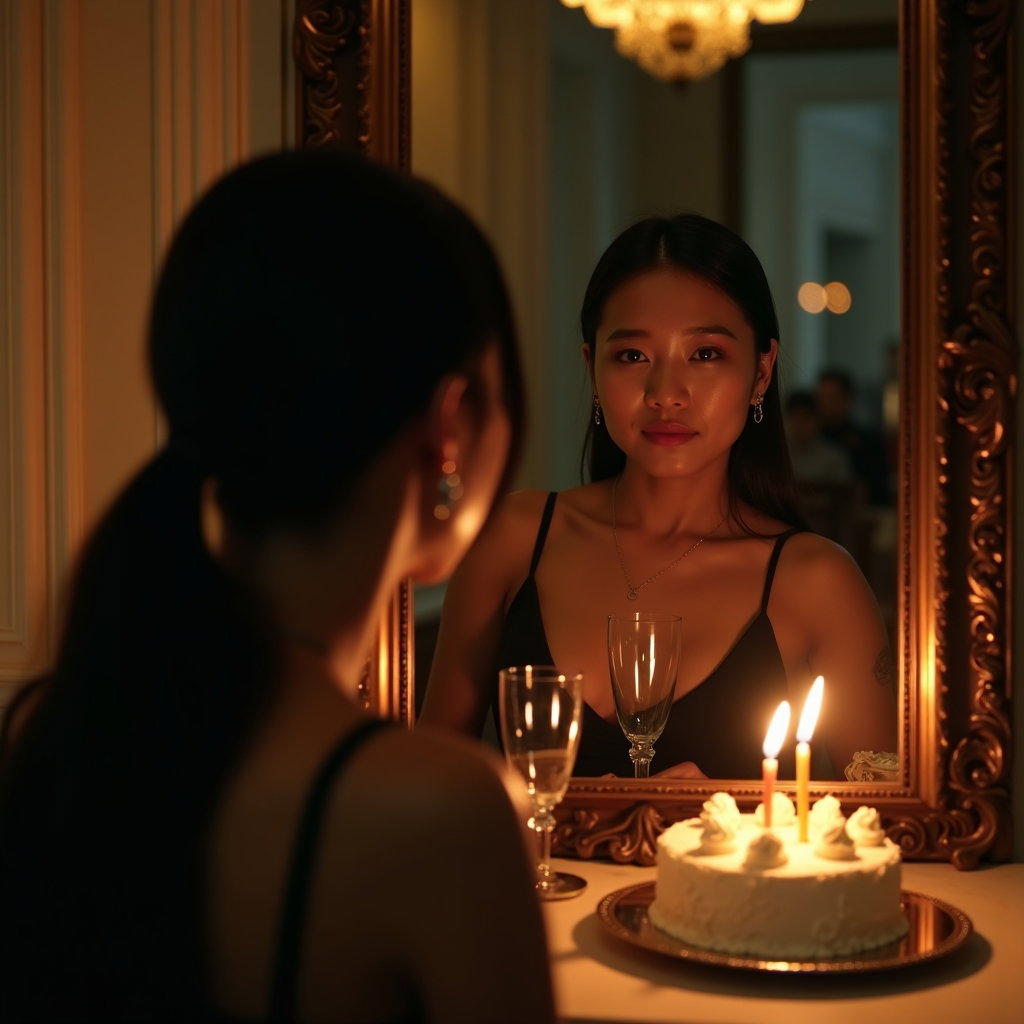 Birthday Dinner Solo Portraits That Feel Elegant example: Photorealistic creative portrait photography. Unexpected mirror-reflection birthday dinner portrait, with the person sea