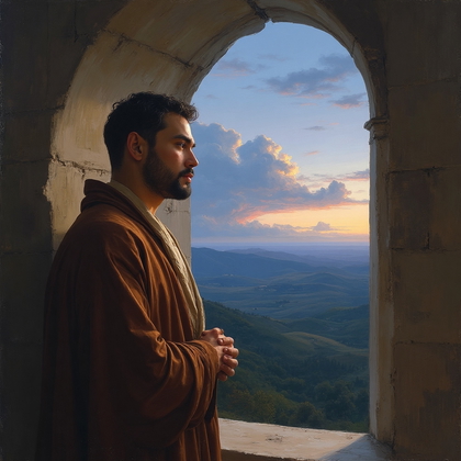 AI-generated photo: Renaissance oil painting. A contemplative male figure gazing thoughtfully out of a large, arched win...