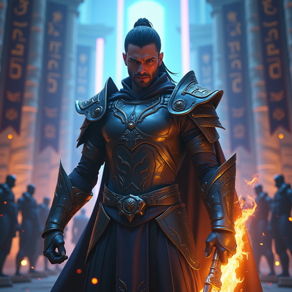 AI-generated photo: Photorealistic gaming character portrait photography. The avatar stands in a fantasy–sci-fi hybrid a...