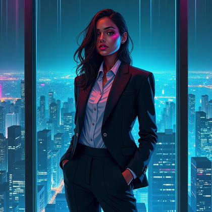 AI-generated photo: Neon-noir airbrush illustration of an antihero inside a glass-walled penthouse at midnight, the city...