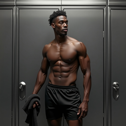 AI-generated photo: High-end photorealistic fitness editorial photography set against a monochrome locker backdrop of br...