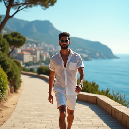 Natural Walking Portraits That Avoid Tourist Snapshot Poses example: Photorealistic Riviera vacation portrait. Editorial hero image on a cliffside promenade overlooking the Riviera coast, t