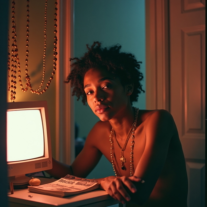 AI-generated photo: Disposable camera flash snapshot in a 1990s grunge bedroom doorway draped with a bead curtain as the...