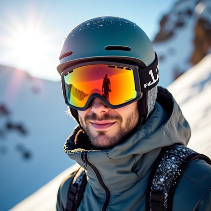 AI-generated photo: Photorealistic outdoor winter sports portrait of a powerful stance on a steep alpine slope with a sn...