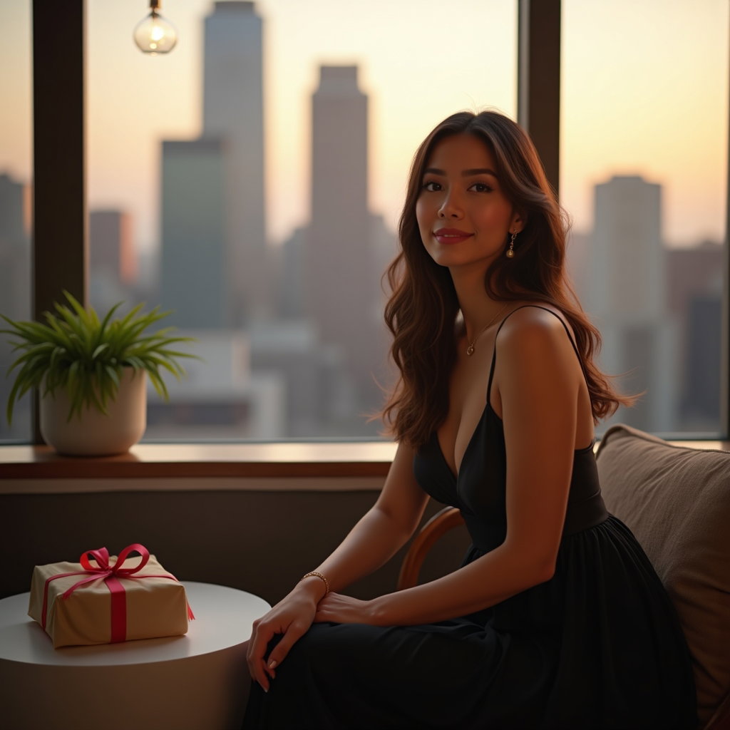 Birthday Photos That Avoid Cluttered Backgrounds and Awkward Crops example: Photorealistic birthday portrait photography. An environmental portrait in a stylish rooftop corner with an uncluttered