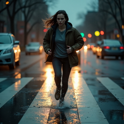 Rain-Soaked Street Escape Portrait example: Cinematic horror portrait photo. Full-body street escape scene with the subject running through a rain-soaked crosswalk,