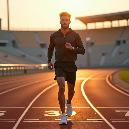 AI-generated photo: Photorealistic fitness lifestyle photography: outdoor stadium track at warm sunset with lights begin...