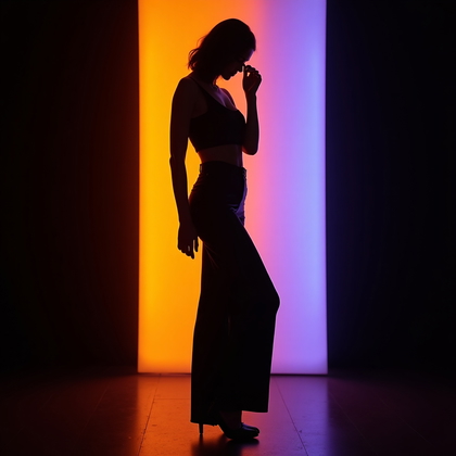 AI-generated photo: Photorealistic studio portrait photography. Standing three-quarter body semi-silhouette with a stron...