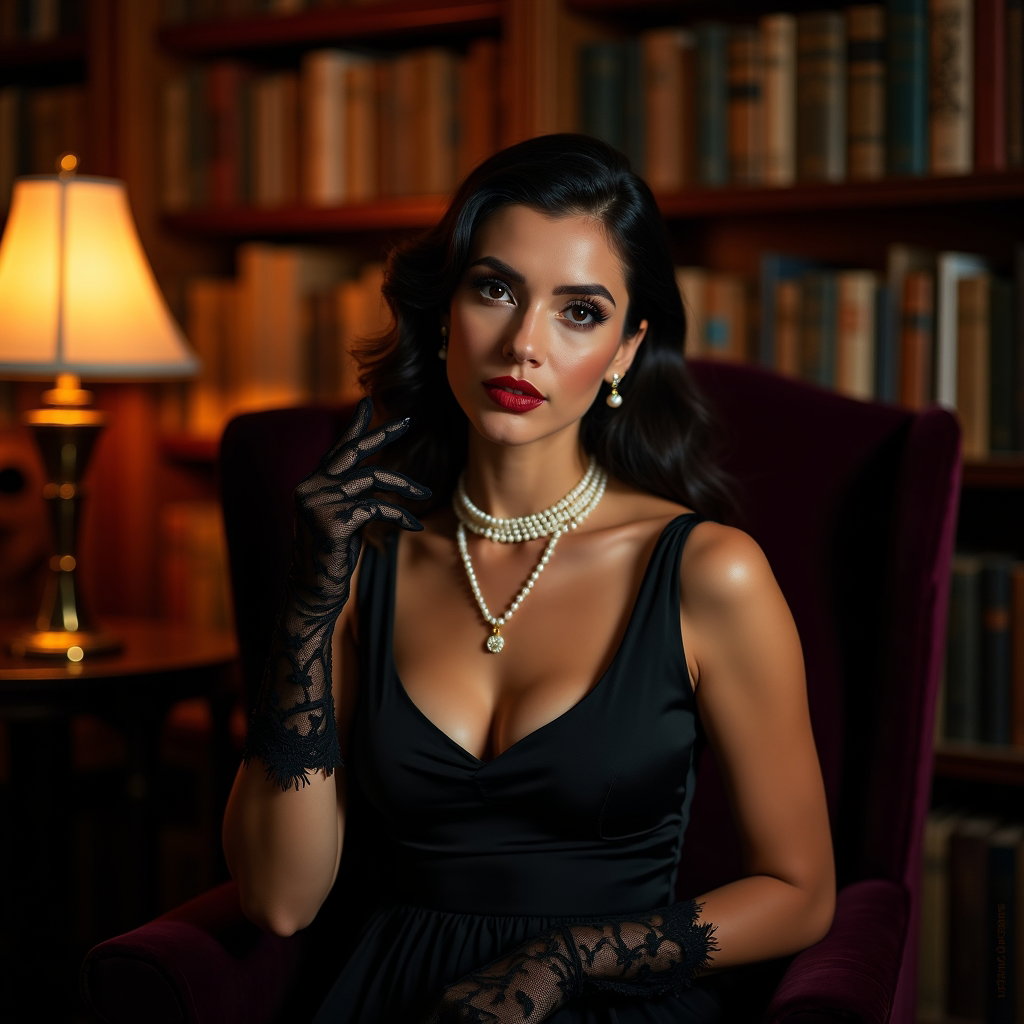 Black Lace Beauty Portrait with Pearl Details example: Dating profile photo. Environmental portrait in a candlelit library lounge, with the subject seated on a dark velvet cha