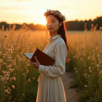 Wildflower Crown Poet Portrait in Golden Hour Light example: Photorealistic poetcore portrait photography. Full-body portrait on a narrow meadow path at golden hour, wearing a long