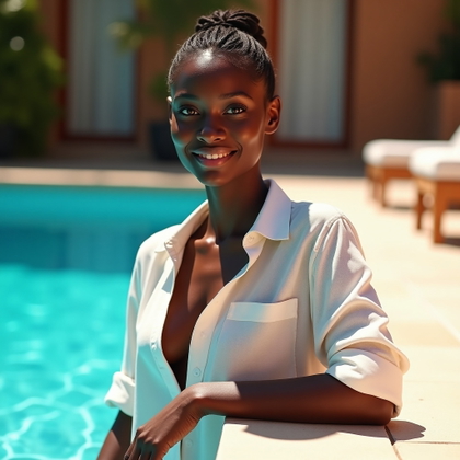 Wet-Hair Post-Swim Portrait example: Photorealistic portrait photography. Half-body poolside portrait with the subject leaning against the pool edge in a tas
