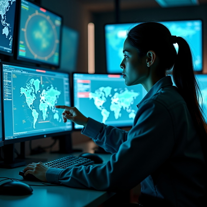 AI-generated photo: Photorealistic cyber operations specialist in a secure operations center, seated at a workstation su...
