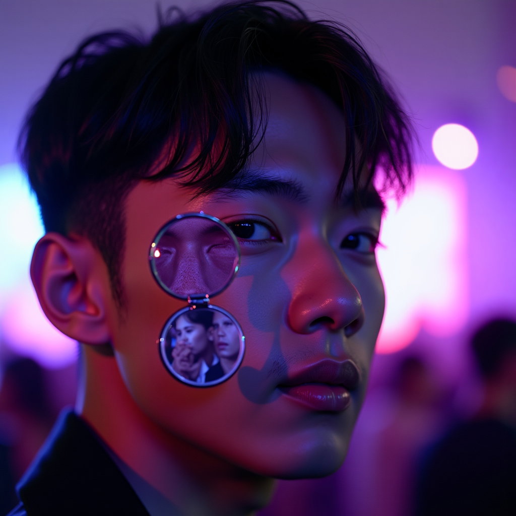 Over-the-Shoulder Setlist Moment example: Photorealistic creative festival portrait photography. Unexpected mirror-reflection variation using a small compact mirr