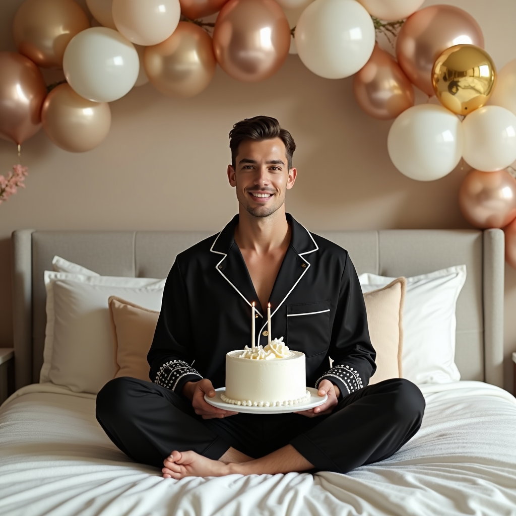 Soft Birthday Morning Lifestyle Portraits example: Photorealistic editorial birthday portrait photography. Hero image of the subject seated centered on a neatly styled bed
