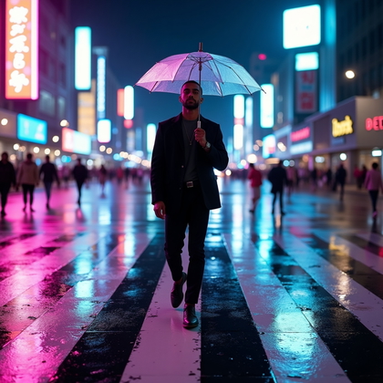 AI-generated photo: Photorealistic travel lifestyle photography: rain-slicked megacity crosswalk at night, neon signage ...