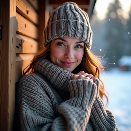 AI-generated photo: Photorealistic winter lifestyle portrait: On a snowy cabin porch at golden hour, wearing an oversize...