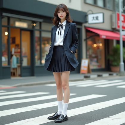 AI-generated photo: Photorealistic fashion photography. A contemporary fashion editorial scene featuring a Japanese scho...