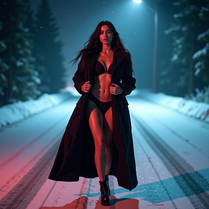 AI-generated photo: Photorealistic outdoor fashion editorial photography: At night in a snowstorm, the subject stands in...