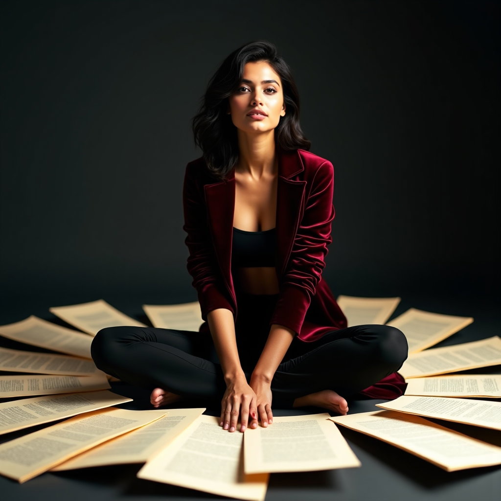 Floor-Sitting Portrait Surrounded by Scattered Pages example: Photorealistic editorial hero portrait photography. Symmetrical floor-sitting composition with the subject centered upri