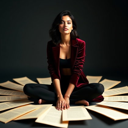 Floor-Sitting Portrait Surrounded by Scattered Pages example: Photorealistic editorial hero portrait photography. Symmetrical floor-sitting composition with the subject centered upri