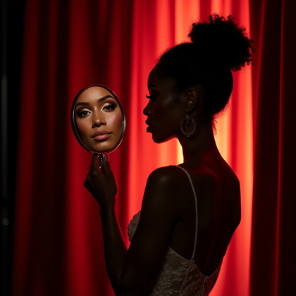 AI-generated photo: Photorealistic wedding photography of a backstage theater reflection using a polished silver hand mi...