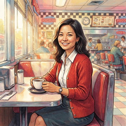 A single subject sits in a retro diner booth, turning toward the camera while holding a white coffee cup. A red cardigan and crisp collared shirt stand out against chrome trim and pale tile. Clear morning sunlight crosses the table; waist-up composition, colorful mid-century magazine illustration.