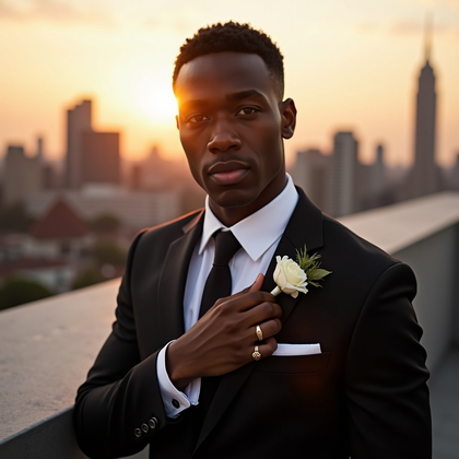 AI-generated photo: Photorealistic wedding photography of a rooftop post-ceremony moment at sunset, city skyline glowing...