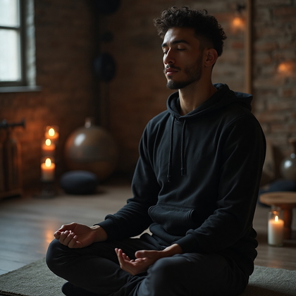 AI-generated photo: Photorealistic photography of a UFC fighter practicing mindfulness in a dimly lit gym studio. The fi...