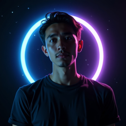 AI-generated photo: Photorealistic portrait photography. Close-up portrait of a person standing in a dark studio with a ...