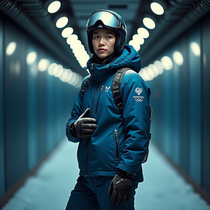 AI-generated photo: Photorealistic indoor portrait photograph. The athlete stands in full winter Olympic uniform inside ...