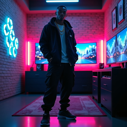 AI-generated photo: Photorealistic gaming avatar fashion portrait, three-quarter body view in a dim industrial loft turn...