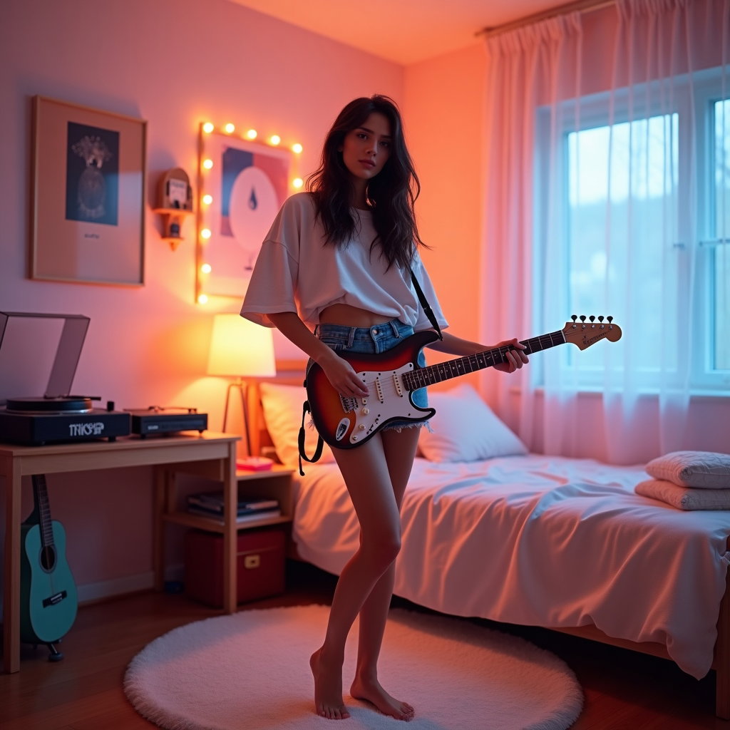 Dreamy Bedroom Pop Album Cover Photos example: Photorealistic bedroom pop album cover photo. Full-body portrait of the subject standing barefoot on a soft rug in a coz