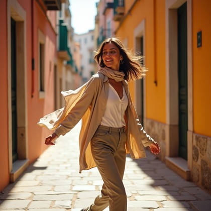Old Town Alley Portraits With Pastel Walls and Stone Streets example: Photorealistic travel portrait photography, motion portrait captured mid-step while the subject turns back toward the vi