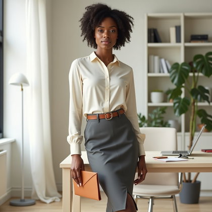 Jupe crayon et chemise boutonnée : scène de bureau lumineuse du matin avec une pose debout aux trois quarts à côté d’un bureau minimaliste, la personne portant une chemise crème rentrée dans une jupe…