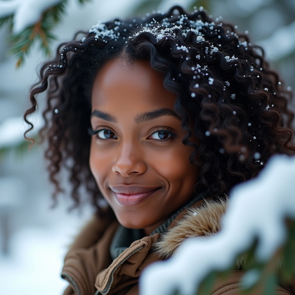 AI-generated photo: Photorealistic winter portrait photo in a quiet pine grove during soft overcast, the face fully visi...