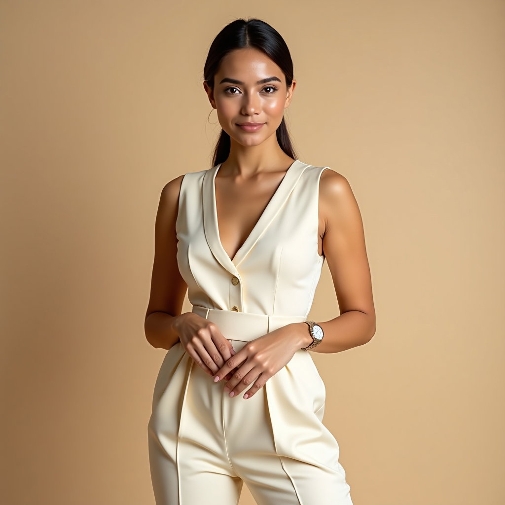 Smart Vest And Trousers: Vertical portrait on a beige seamless backdrop, framed from head to thigh.