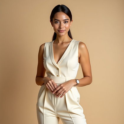 Gilet de tailleur et pantalon : portrait vertical sur fond continu beige, cadré de la tête à la cuisse.
