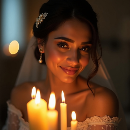 AI-generated photo: Photorealistic bridal beauty photograph lit by a cluster of taper candles set at staggered depths to...