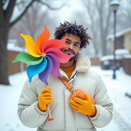 AI-generated photo: Photorealistic lifestyle dating portrait: on a quiet suburban cul-de-sac nearly erased by whiteout, ...