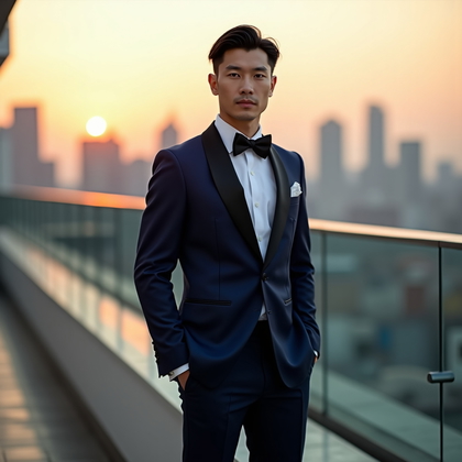 AI-generated photo: Photorealistic wedding editorial portrait on a rooftop at golden hour with a sweeping city skyline b...