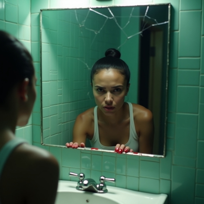 Minimal Blood Clean-Face Survivor Portrait example: Cinematic horror portrait photo. Tight close-up in a cracked bathroom mirror, the survivor leaning toward the reflection