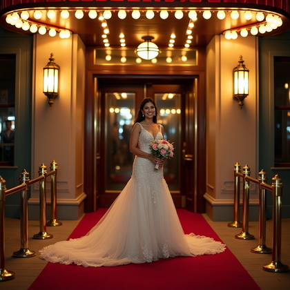 AI-generated photo: Photorealistic wedding photography. Under an Art Deco theater marquee at night, the subject takes a ...