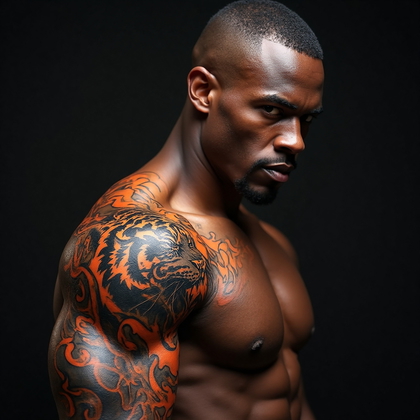 AI-generated photo: Photorealistic photography capturing a man with a traditional American-style tattoo featuring a roar...