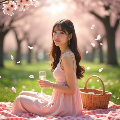 AI-generated photo: Photorealistic lifestyle fashion photo: spring brunch/picnic look under blooming cherry trees with a...