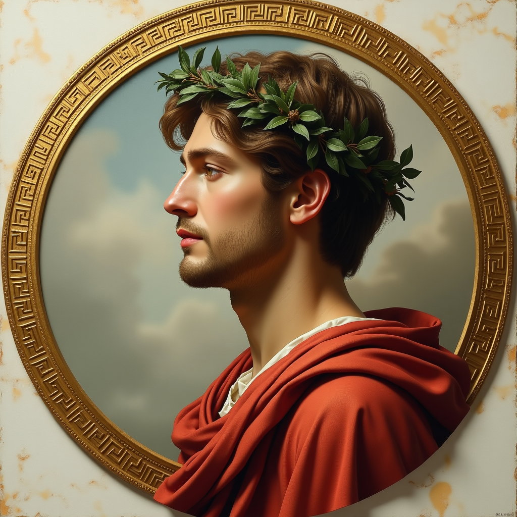 Solo Oracle-Blessed Hero Portrait example: Neoclassical mythological oil painting. Profile/avatar crop designed as a heroic medallion portrait, with the face clear