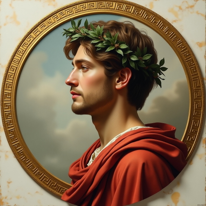 Solo Oracle-Blessed Hero Portrait example: Neoclassical mythological oil painting. Profile/avatar crop designed as a heroic medallion portrait, with the face clear