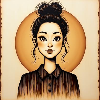 AI-generated photo: Pyrography woodburning on birch panel. A front-facing bust caricature is scorched into pale birch wi...