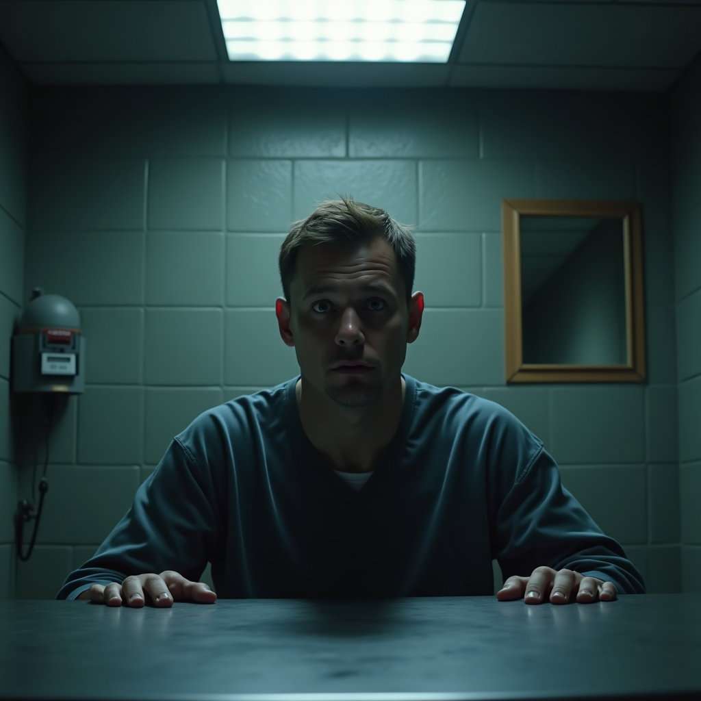 AI-generated photo: Photorealistic prison interrogation room close-up, the subject seated at a metal table with hands ou...
